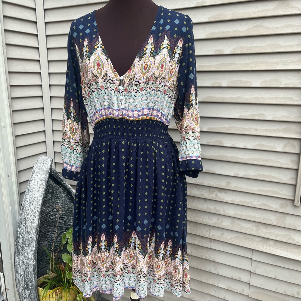 Anthro bohemian boho midi sleeve short patterned dress